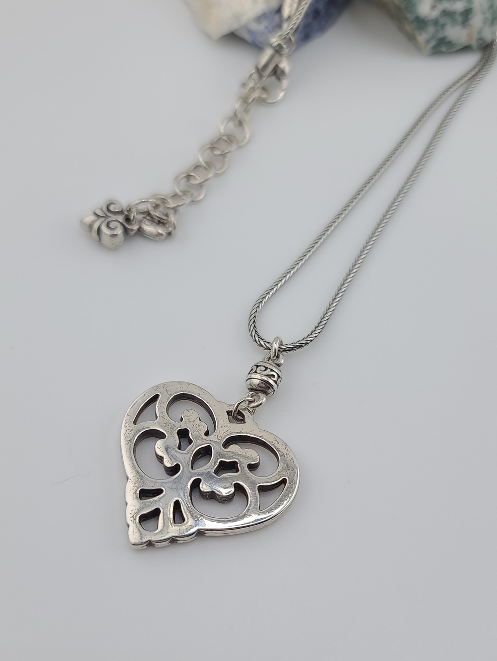 $48 Brighton "GENEVA HEART" Filigree Openwork Scrolled Silver Retired Pendant!